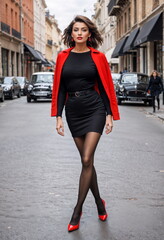 A stylish woman stands confidently in the center of a busy urban street, flanked by classic cars, showcasing a fashionable ensemble.