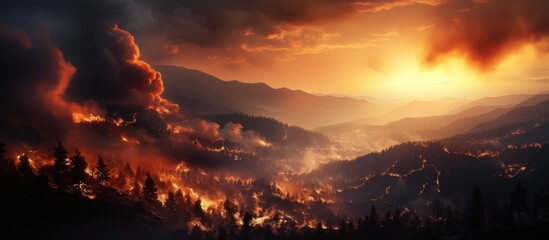 portrait of forest fire in the mountains at sunset
