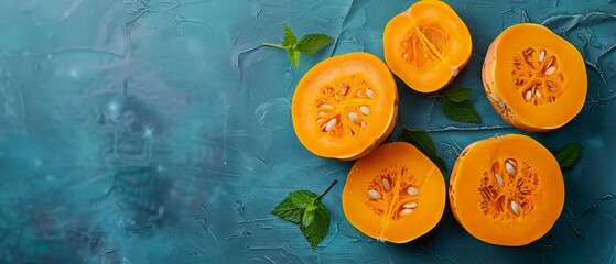   A collection of sliced oranges atop a blue counter, accompanied by a leafy green plant