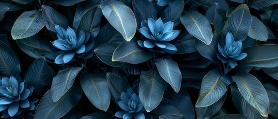   A tight shot of a collection of leaves, some bearing blue blooms centrally at their reverse sides