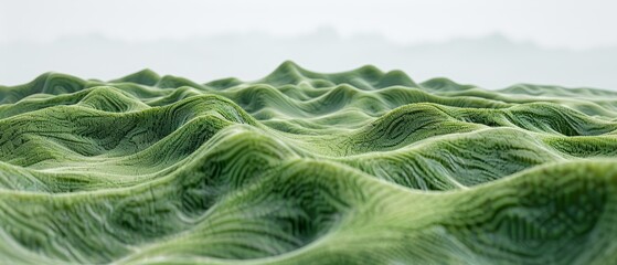   A tight shot of a wavy, green surface with a hazy, blurred backdrop of a sky