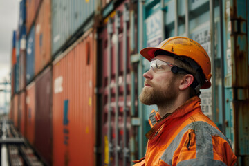 Worker in safety gear at shipping port or container terminal. Generative AI