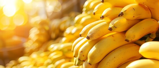   A shelf in a store displays several ripe bananas, bathed in sunlight