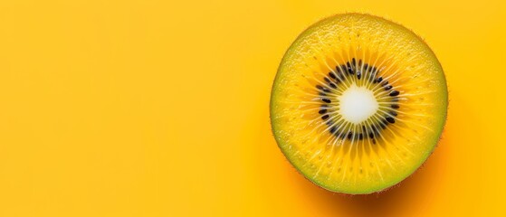   Kiwi fruit sliced in half against a yellow backdrop, accompanied by a kiwi shadow on the side ..Or, for a more concise