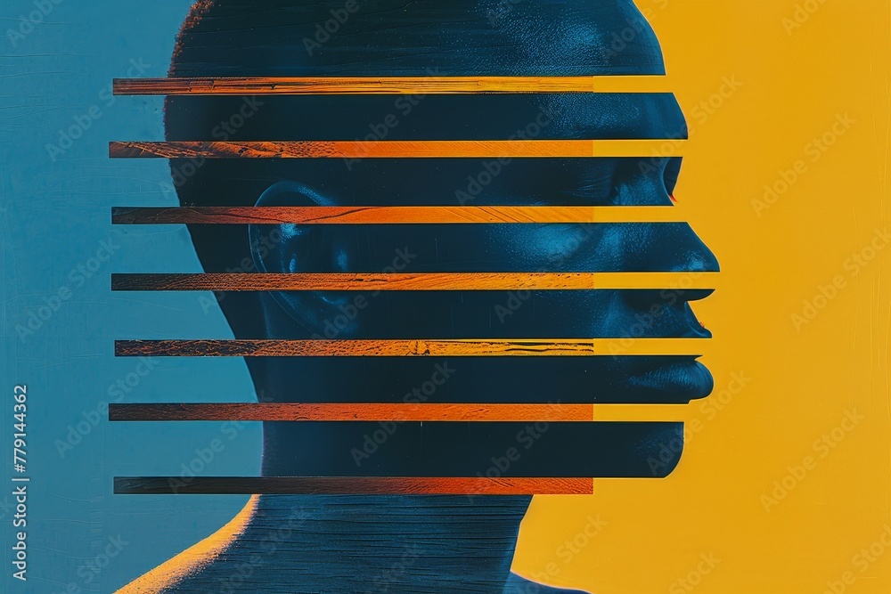 Poster A mans face creatively adorned with multiple strips of orange and blue, showcasing a unique and colorful artistic expression
