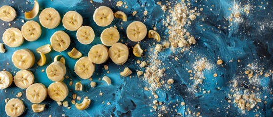   A collection of sliced bananas atop a blue surface, adorned with sprinkles - obrazy, fototapety, plakaty