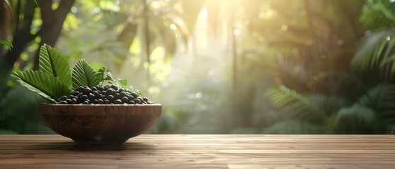   A bowl of berries rests on a table amidst a lush forest of green leaves and a sunburst behind