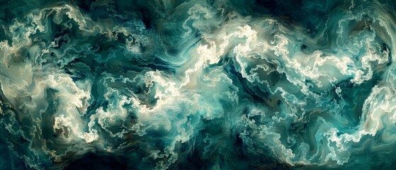   A painting features a blue-and-white swirl against a black-and-green background, accompanied by white swirls on the image's left side
