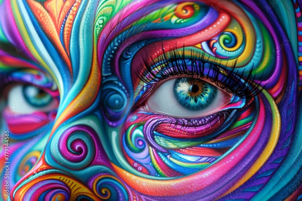 Poster a close-up of a persons face adorned with vibrant, colorful paint, creating a mesmerizing and whimsi