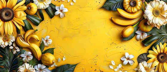   A sunflower canvas featuring sunflowers, bananas, and assorted blooms against a radiant yellow backdrop Include text area