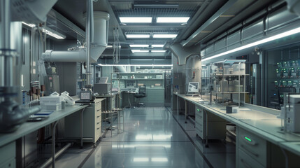 A state-of-the-art biotech analytical testing laboratory with advanced analytical instruments and validation equipment, momentarily unoccupied but ready to analyze biologic samples for quality control