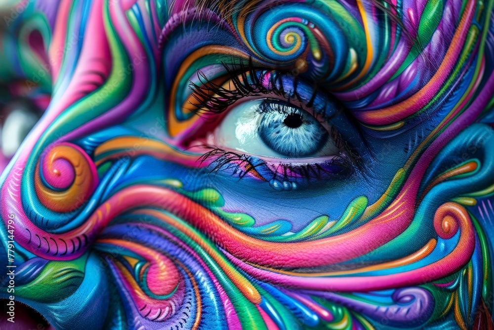 Poster An up-close view of a persons face adorned with a multitude of colorful paint strokes, creating a captivating and artistic visual display