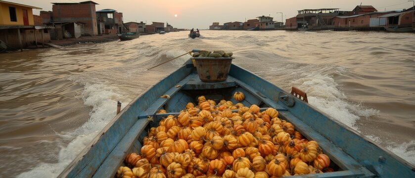   A blue boat, laden with numerous bananas, floats atop a river Nearby stands a line of quaint houses