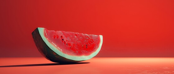   A watermelon slice atop a red counter, adjacent to another