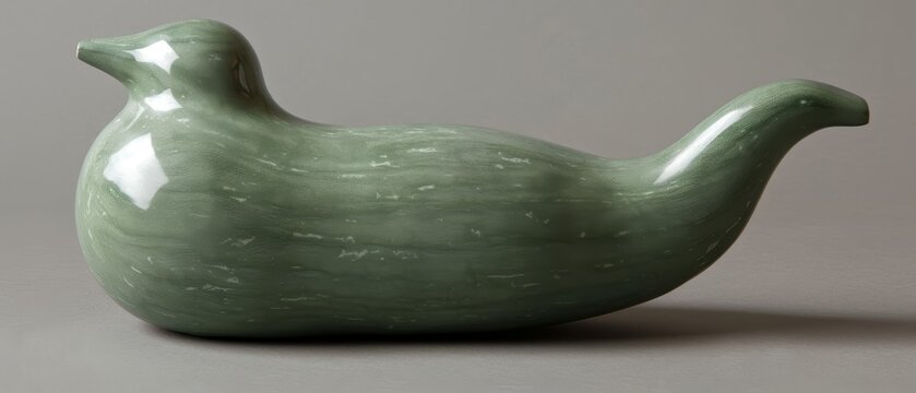   A green ceramic bird sculpture against a gray backdrop Text space on the left