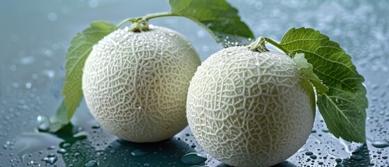   Two white fruits rest atop a wet table, surrounded by green leaf and water droplets