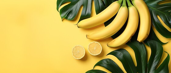   A table holds several bunches of bananas and lemons, accompanied by a banana leaf - obrazy, fototapety, plakaty