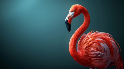   A pink flamingo poses before a blue backdrop, illuminated from above by a soft light