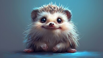   A painting of a baby hedgehog seated on a blue backdrop, its eyes alert and gazing directly at the camera