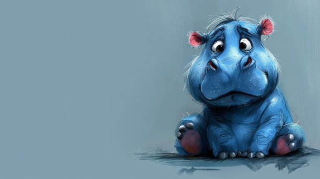   A sad, blue hippo sits on the ground, eyes widened