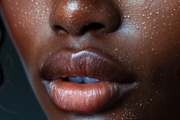 A womans face up close, with water droplets delicately resting on her lips - obrazy, fototapety, plakaty