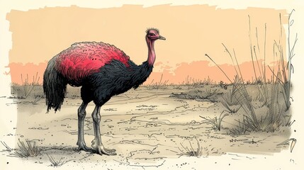   An ostrich drawing in a field against a pink backdrop with grass in the foreground - obrazy, fototapety, plakaty