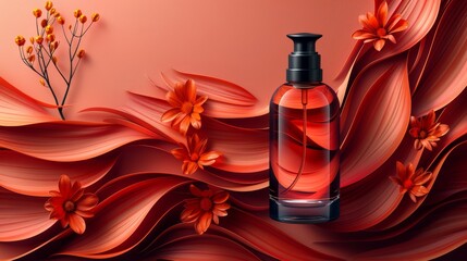   A bottle of perfume atop a table, next to a vase with a flower - obrazy, fototapety, plakaty