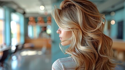   Close-up of a woman with long, wavy blonde hair in a room featuring blue and white walls - obrazy, fototapety, plakaty