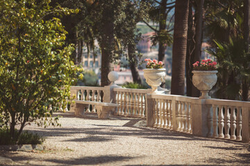 Flower pot at outdoor. Villa Durazzo-Centurione. Santa margherita ligure Italy. Italian garden park with concrete flower stand in the yard. 