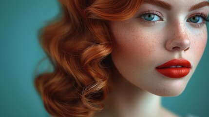   A close-up of a woman's red-haired face adorned with freckles and makeup - obrazy, fototapety, plakaty