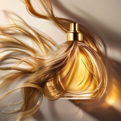   A woman's hair billows in the wind, perfume bottle prominent in the foreground; background softly blurred - obrazy, fototapety, plakaty