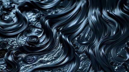   A tight shot of undulating hair patterns reflected on dark blue and silver water's surface, with ripples and eddies present