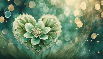 illustration d'une fleur dans un coeur de couleur verte en style aquarelle sur un fond vert avec des ronds en effet bokeh