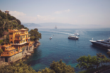 Italy, city Portofino. Majestic summer vacation location, mediterranean colorful luxury waterfront...