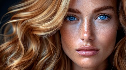  blond frecks of hair frame it, blue eyes brighten it, and delicate freckles adorn her complexion - obrazy, fototapety, plakaty