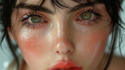   A close-up of a woman's face, adorned with freckles dotting her complexion and her eyes - obrazy, fototapety, plakaty