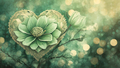 illustration d'une fleur dans un coeur de couleur verte en style aquarelle sur un fond vert avec des ronds en effet bokeh