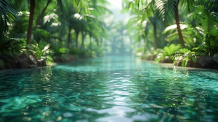   A river winds through a jungle, flanked by abundant palm trees on each bank A tiny island nestles in the river's center - obrazy, fototapety, plakaty