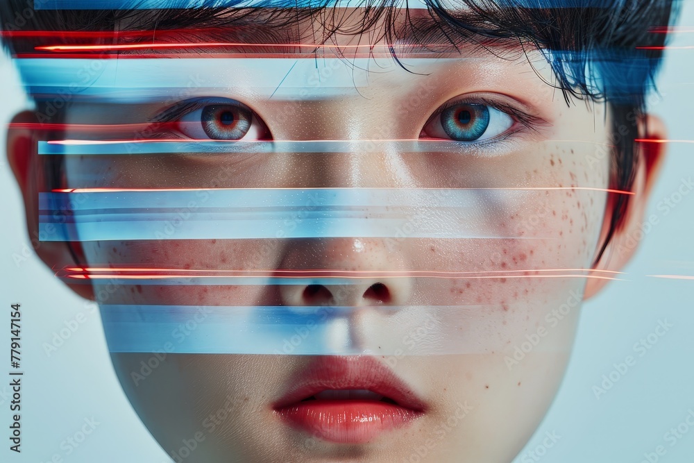 Poster Dynamic lines and beams of light project from a womans face, creating a mesmerizing display of energy and vitality