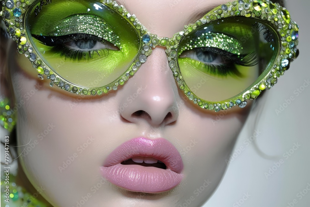 Poster model with patterned face paint and embellished sunglasses against a lime background.