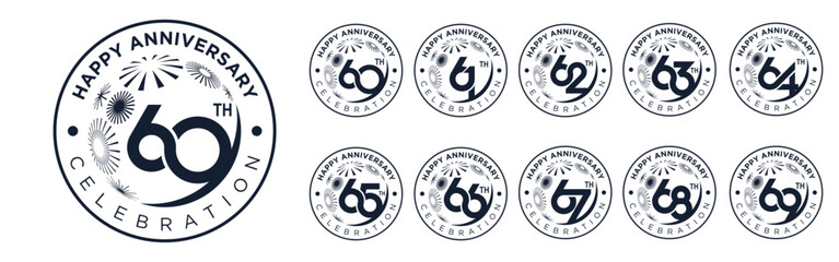 set of 60 to 69th anniversary logotype design, with black color fireworks for celebration event, wedding, and birthday, vector illustration