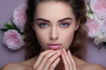 Elegant blonde woman with flawless makeup, blue eyes, soft pink tones, and perfect skin posing in beauty portrait

