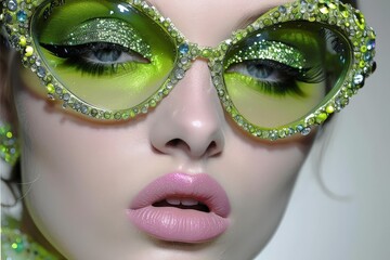 Model with patterned face paint and embellished sunglasses against a lime background.
