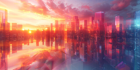 Glowing sunset over futuristic cityscape, ideal for technology and business concepts.