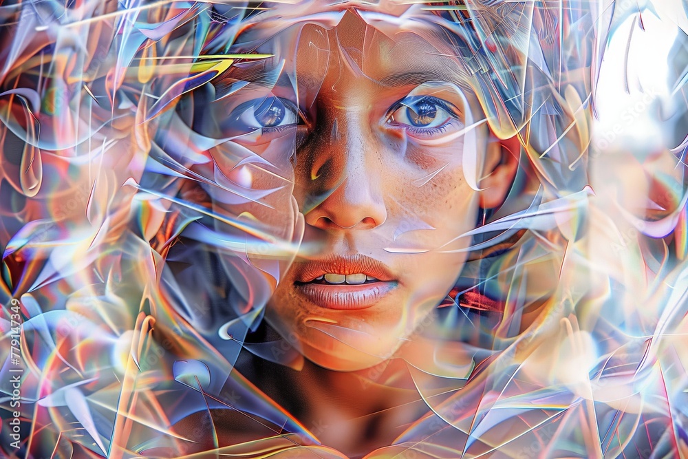 Poster Intricate lines and shapes envelop a womans face, creating a mesmerizing and mysterious visual experience
