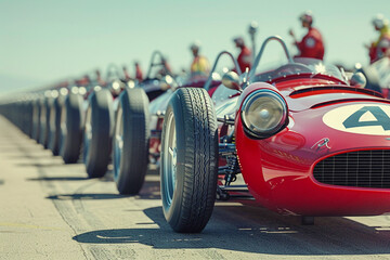 Hyper-realistic 3D models of race cars at the starting line, engines roaring with anticipation