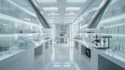 Obraz premium A state-of-the-art pharmaceutical research and development laboratory, equipped with advanced equipment and analytical instruments, currently unoccupied but poised for groundbreaking discoveries