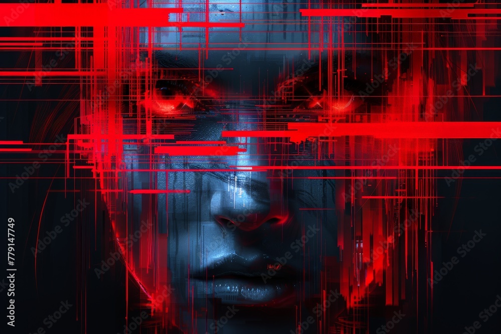 Poster a womans face is framed by intricate red and black lines in the background, creating a striking cont