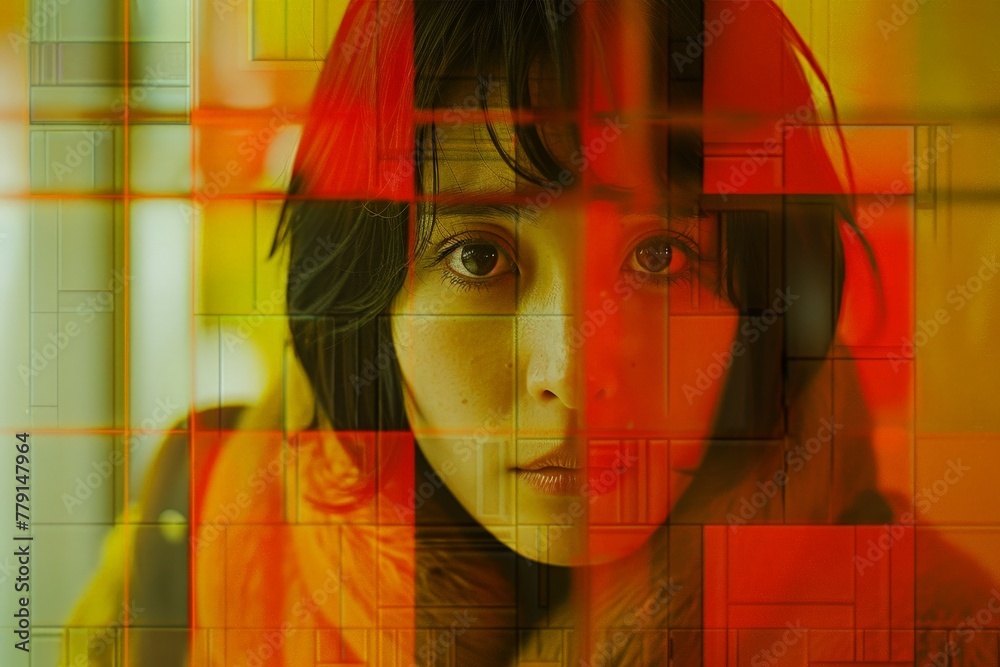 Poster A womans face is visible through a geometric grid, creating an intricate and captivating visual effect