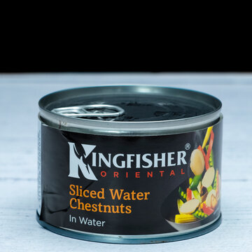  Irvine, Scotland, UK - March 26, 2024: Kingfisher branded sliced water chestnuts in a recyclable can displaying graphics icons and general information relevant to the image and product.